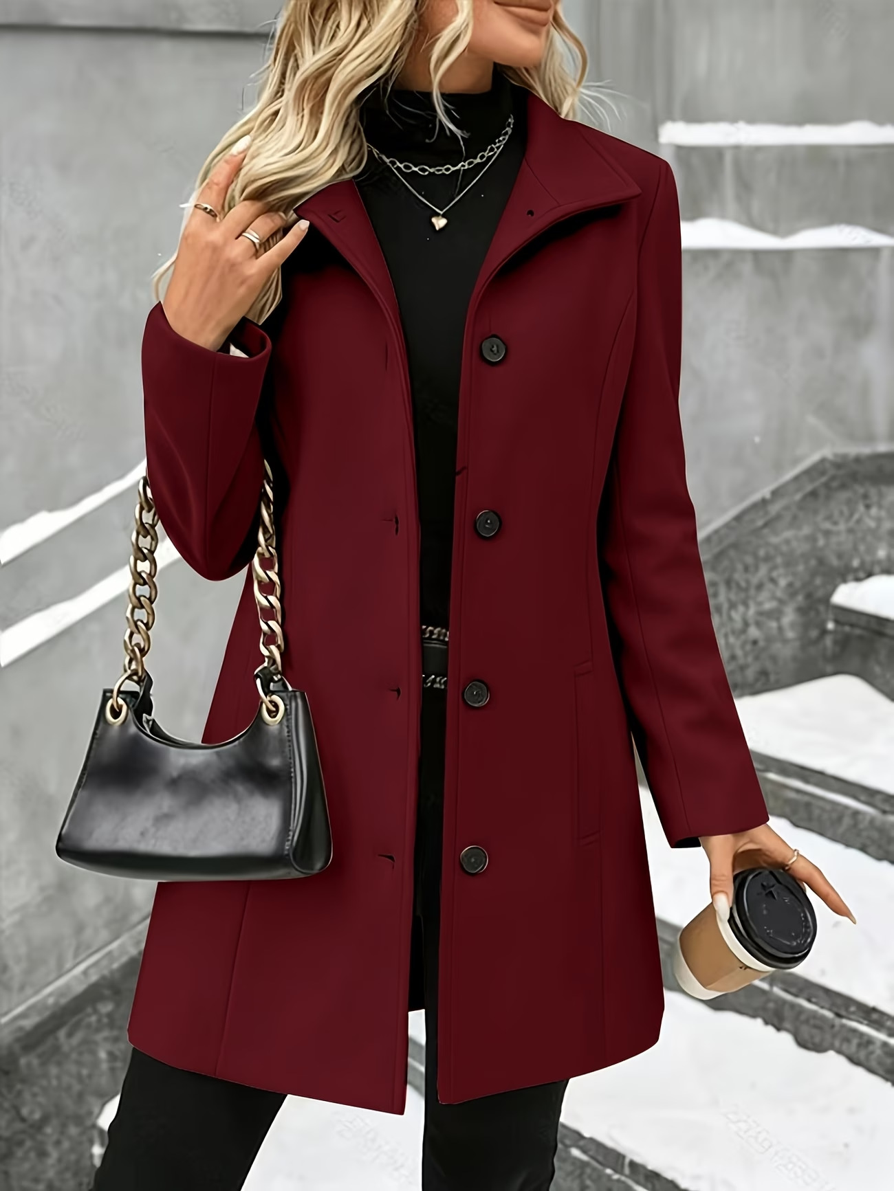 Manteau en laine mi-long pour femme, nouveau style automne-hiver, manteau décontracté à bouton unique, col rabattable, vêtement d'extérieur classique et élégant