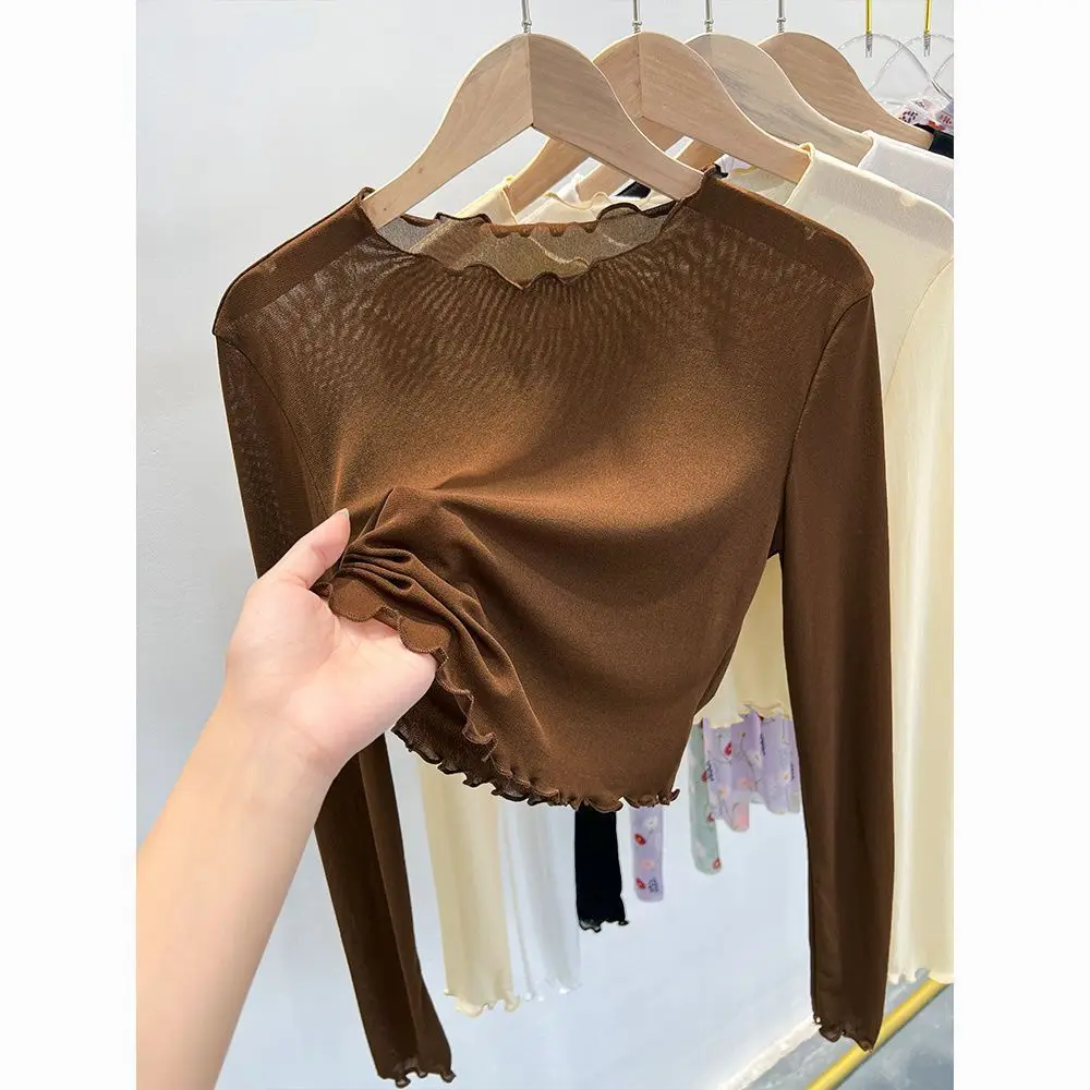 Top court en dentelle noire pour femmes, t-shirt en maille transparente en soie glacée d'été, style court, sous-vêtements, chemise de base, protection solaire