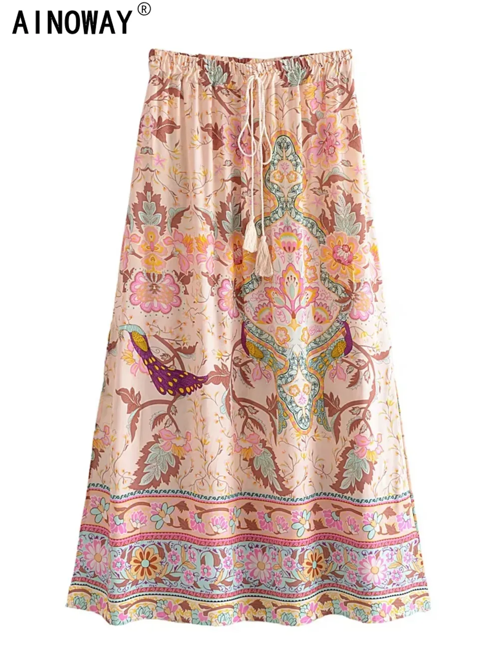 Vintage paon imprimé fleuri gland plage bohème Maxi jupe pour les femmes taille élastique rayonne coton longue plissée Boho jupes