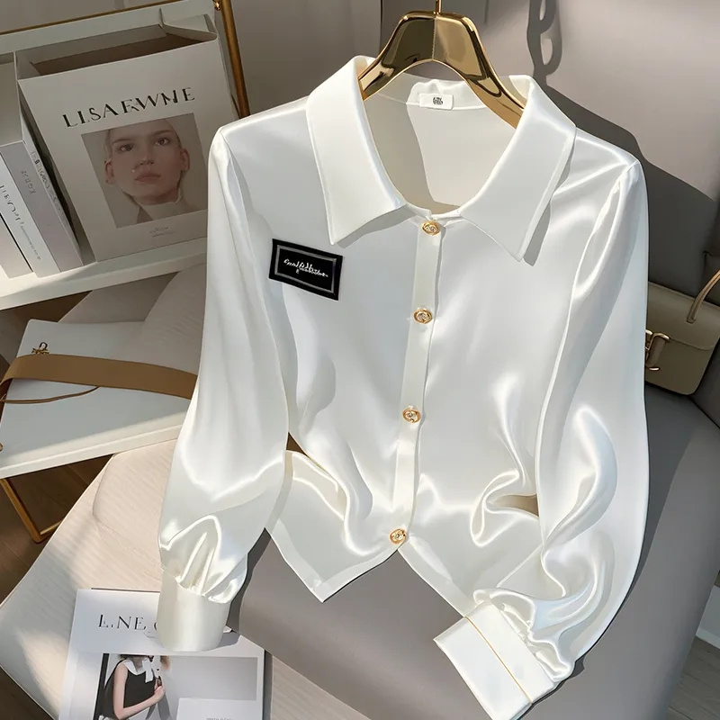 Chemisier en soie glacée blanc à manches longues, nouvelle collection 2026, haut tendance haut de gamme pour femme, été-automne