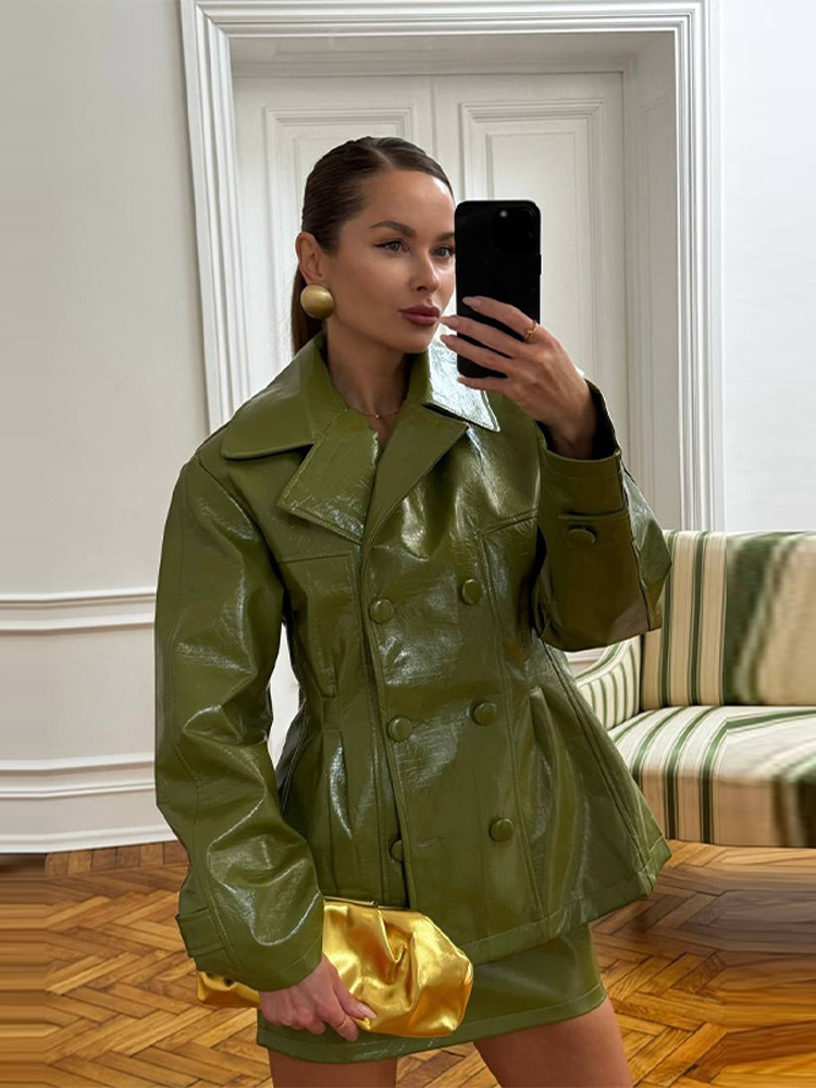 Mode femmes Faux cuir jupes ensemble col rabattu Double boutonnage taille manteau Mini jupe haute rue automne deux pièces ensembles