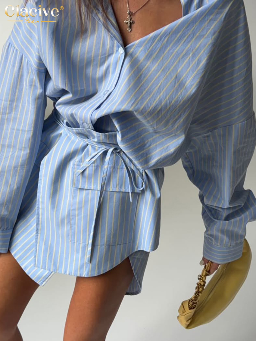 Clacive – ensemble 2 pièces à rayures bleues pour femmes, chemise élégante à manches longues avec mini jupe taille haute, vêtements féminins