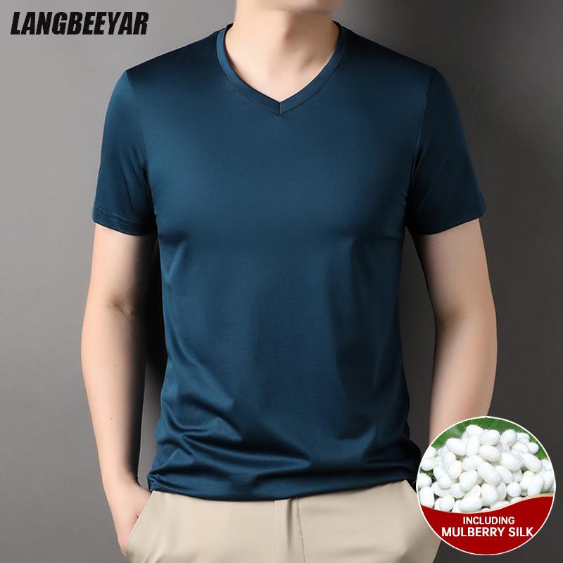 T-shirt à manches courtes en soie de mûrier pour homme, haut de marque, col en V, décontracté, à la mode, nouvelle collection été 1.7%, 2023