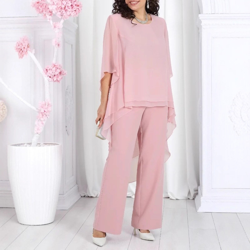 Ensemble haut en mousseline de soie pour femmes, ensemble 2 pièces, manches trois quarts, col rond, couleur unie, vêtements élégants