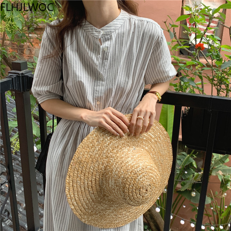 Robe longue à boutons et rayures pour femmes, tenue Chic, mode coréenne, Style japonais, coréen, simple boutonnage, boutons, longue chemise