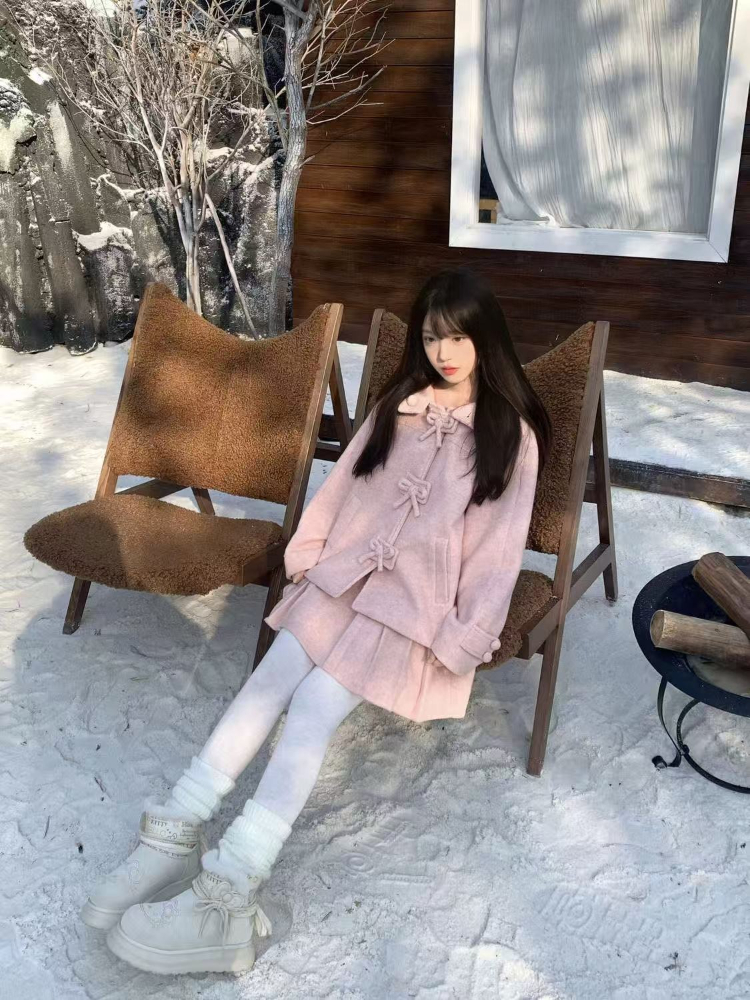 Ensemble 2 pièces en laine rose pour femme, manteau chaud avec nœud + Mini jupe plissée, mode japonaise, tenues de princesse Kawaii, nouvelle collection hiver 2025