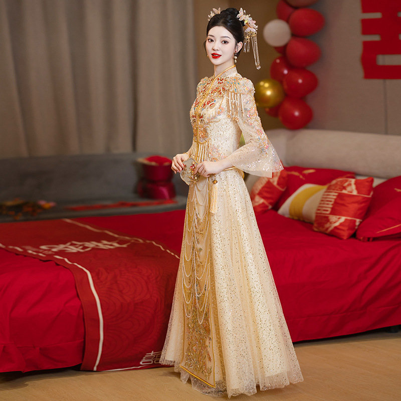 Robe de mariée traditionnelle chinoise modernisée pour Couple, longue broderie Cheongsam, élégante, pour mariée