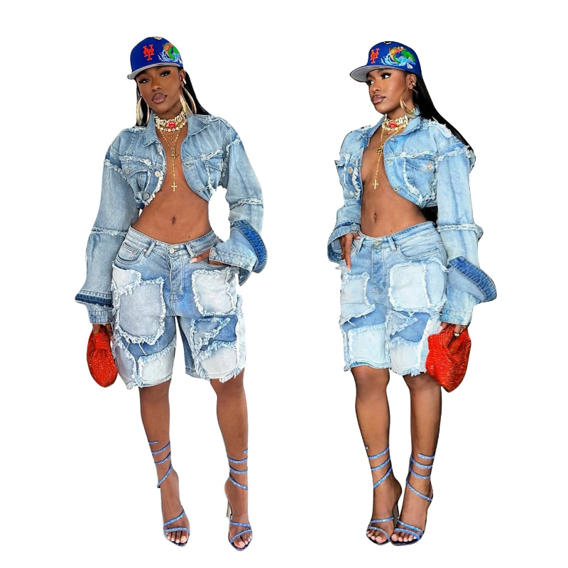 Ensemble deux pièces en Denim pour femmes, short et pantalon, col rabattu, ensembles assortis, hauts, longueur aux genoux, taille haute, Streetwear Y2k