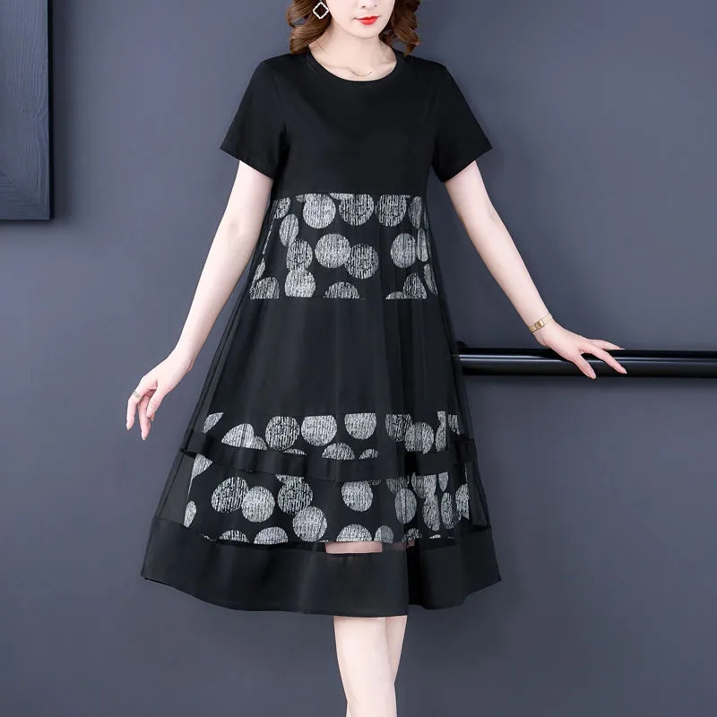 Robe imprimée à manches courtes pour femmes, grande taille, faux deux pièces, mère, mode, femme d'âge moyen, noir, 4XL, été, nouveau
