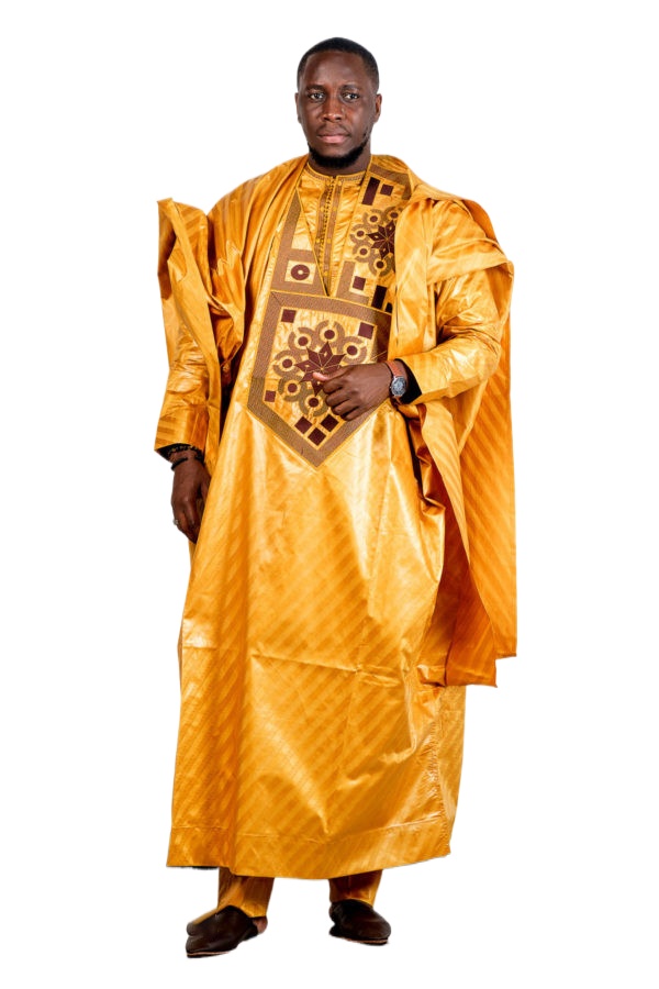 Vêtements africains pour hommes, ensemble traditionnel en bazin riche avec broderie, haut à manches longues, 3 pièces