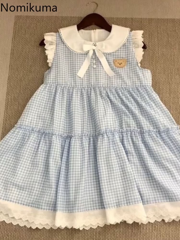 2025 robes De Mujer japonais Robe mignonne pour les femmes broderie ours Patchwork dentelle Robe ample Femme décontracté Chic robes à carreaux