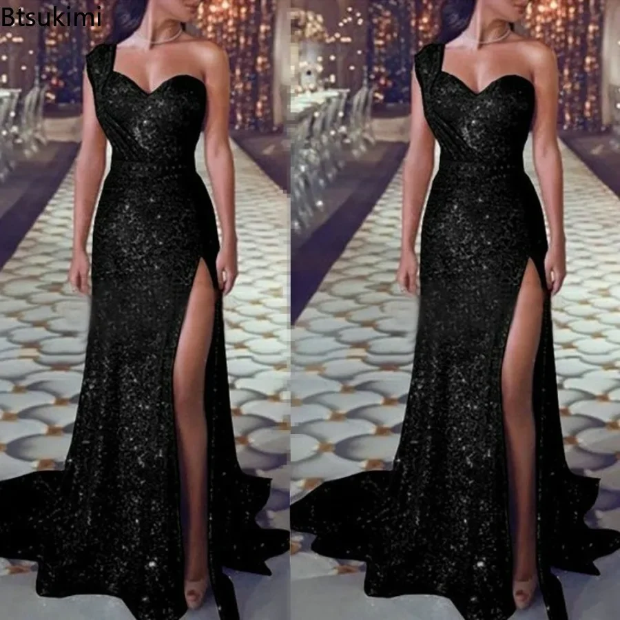 Robe de soirée de mariage pour femmes, élégante, Sexy, décolleté en V profond, asymétrique épaule dénudée, sans manches, paillettes, longue, Maxi, 2026