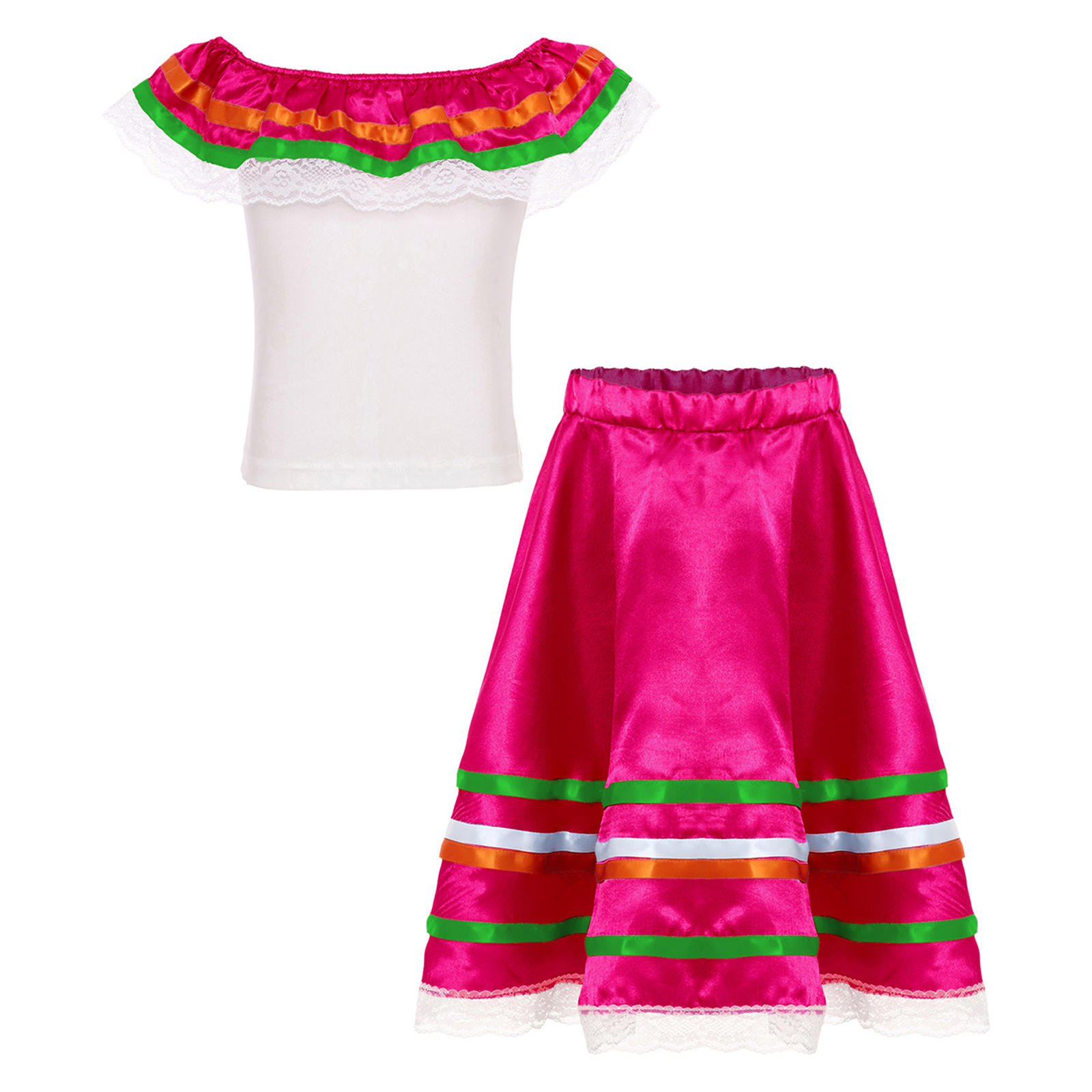 Robe de danse Flamenco mexicaine 2 pièces pour filles, tenue à épaules dénudées, haut à volants avec jupe, ensemble d'activités mexicaines, Costumes de carnaval