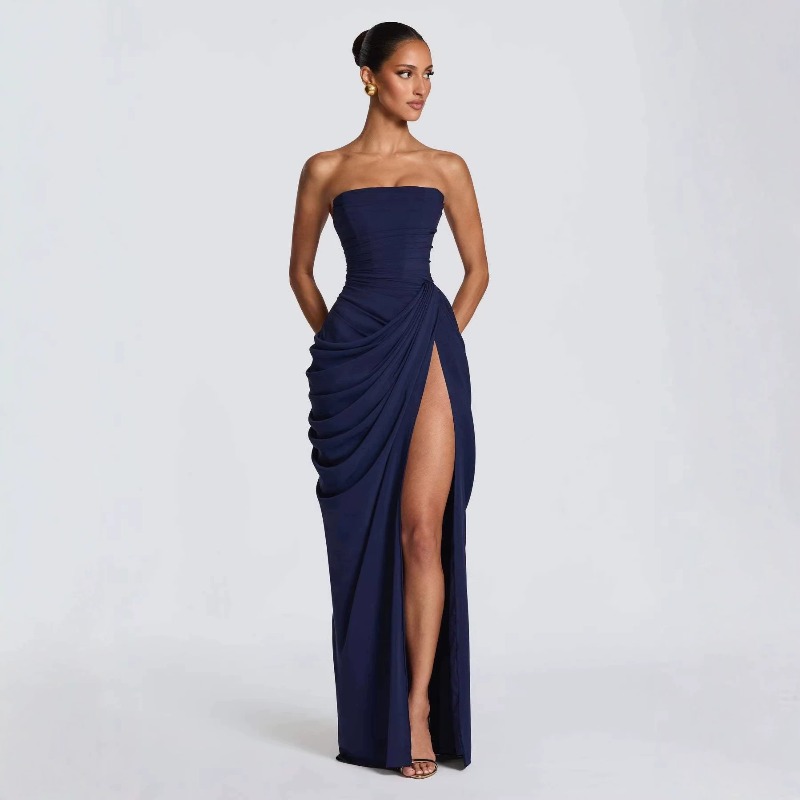 Robe longue bustier froncée avec fente haute sur la cuisse - Robe de soirée élégante pour mariage, bal de promo, soirée romantique, mode