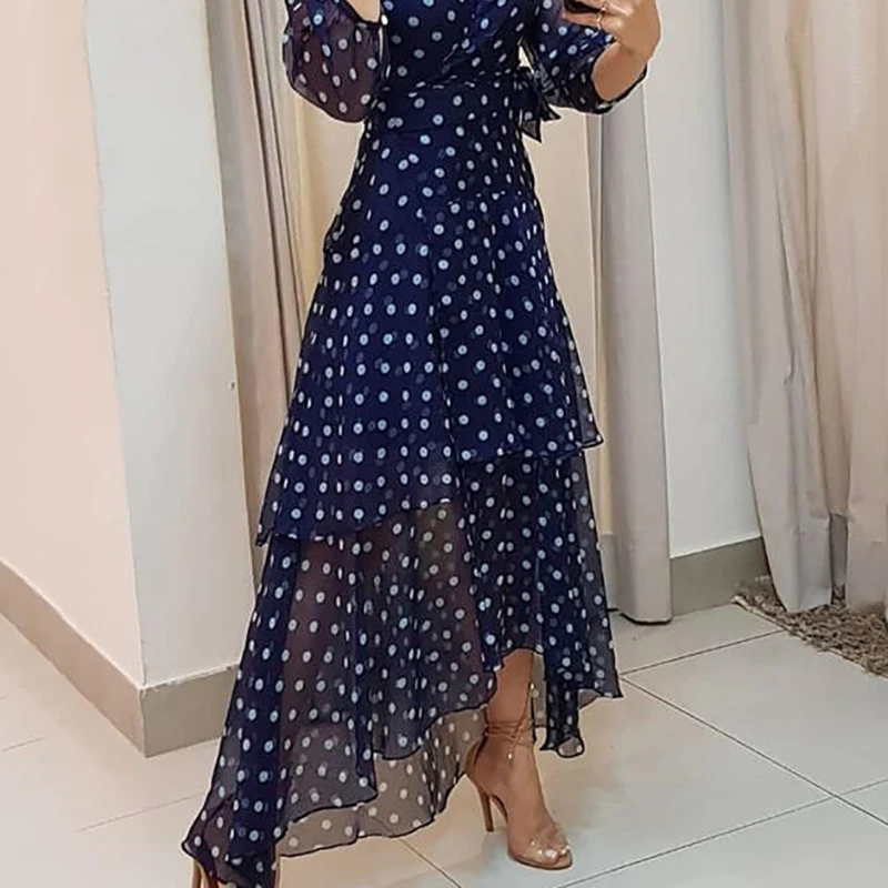 Robe de Soirée Élégante à Pois Imprimé Bleu Foncé, Tenue Plissée Irrégulière, Décontractée, Col en V, Taille Haute, Éducative