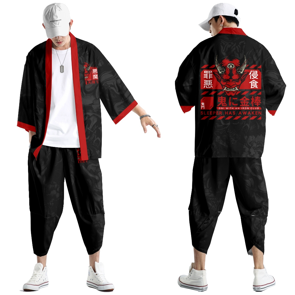 Robe Harajuku, vêtements asiatiques tendance, kimono imprimé dragon anime + pantalon, streetwear japonais pour hommes et femmes, cardigan cosplay Haori