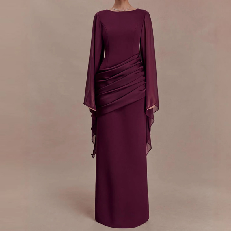 Robe de soirée décontractée à manches évasées et drapées pour femme, robe de mariée moulante unie à la taille, robe de soirée élégante à col rond pour occasions formelles et fêtes
