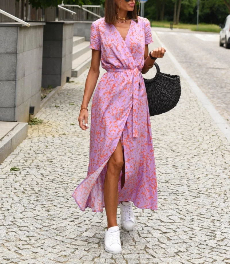 Robe ample décontractée à la mode pour femmes, cravate florale, col en v, imprimé fendu, manches courtes, longue robe