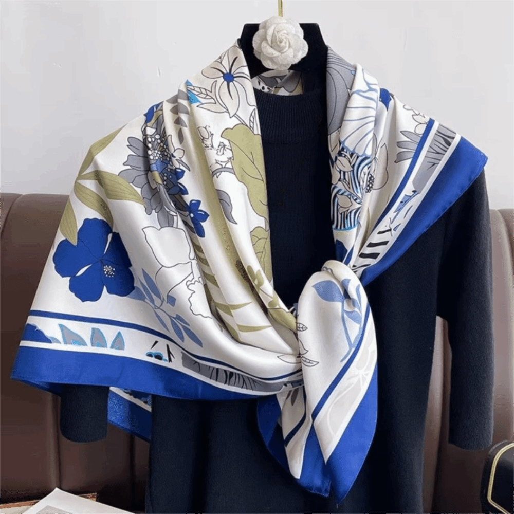 Écharpe en soie pour femme à imprimé floral de luxe, écharpe respirante pour cheveux, grande écharpe carrée, hijab, bandana pour femme