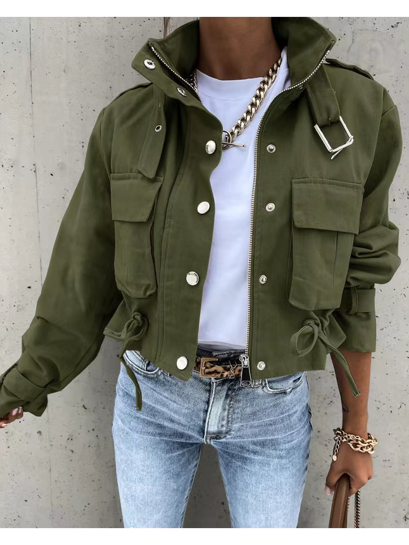 Femme veste vêtements Streetwear automne et hiver élégant mince col rond solide poche bouton conception à manches longues vêtements de travail manteaux