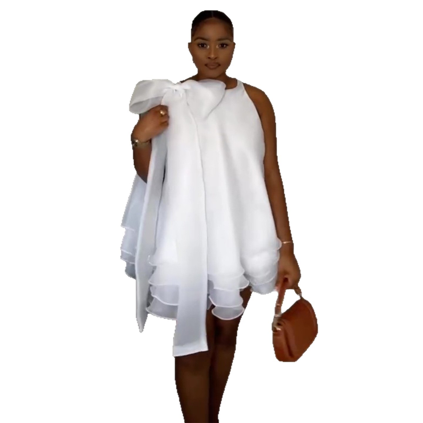 Robe de soirée élégante pour femme, mini-robe sans manches à volants, col bénitier, en mousseline blanche, pour invitée de mariage, plage, été 2026