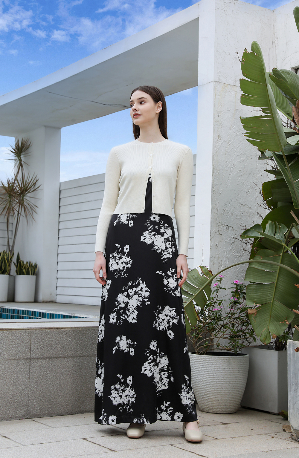 AP 2025 printemps et été femmes impression florale Satin robe à bretelles tricot Cardigan mode