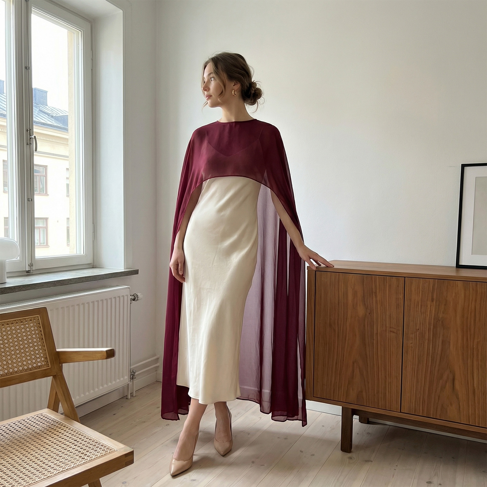 Cape transparente bordeaux avec pantalon taille haute assorti, capes et châles élégants pour femmes, tenue de soirée, poncho châle pour femmes