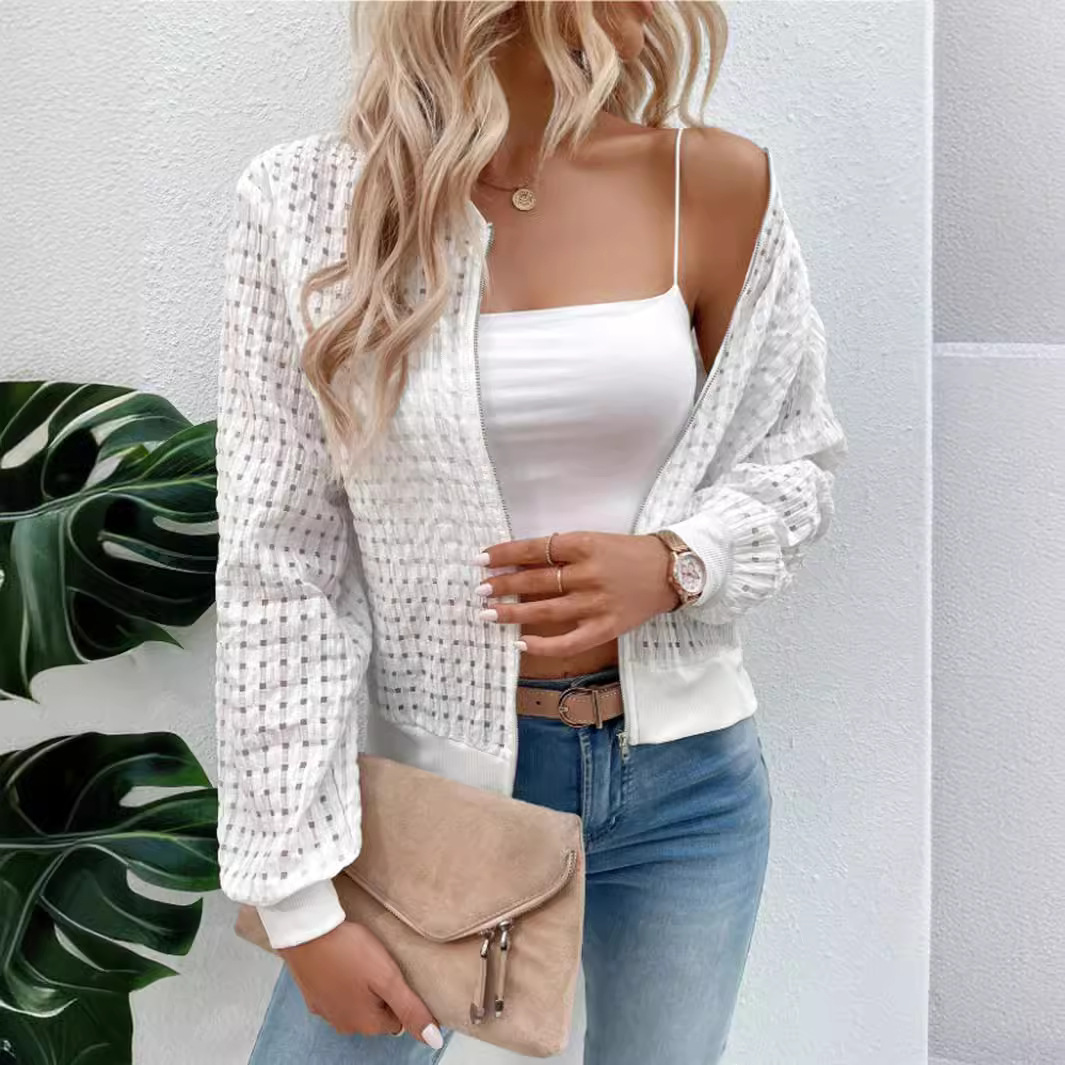 Manteau fin blanc pour femme, manches longues, fermeture éclair, grille décorative, col rond, cardigan décontracté pour femme, veste imprimée, automne, nouveau, 2024