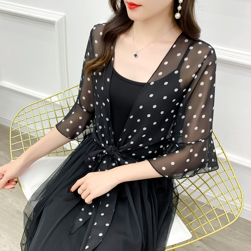 Robe de soirée en mousseline de soie noire et blanche pour femmes, col en v, élégante, Simple, douce, décontractée, à pois