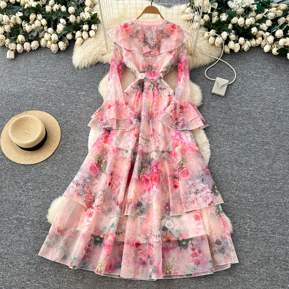 Robe Chic Femme Imprimé Floral Français Multi-Couches Taille Cintrée Color Block Patchwork pour Soirée et Événements