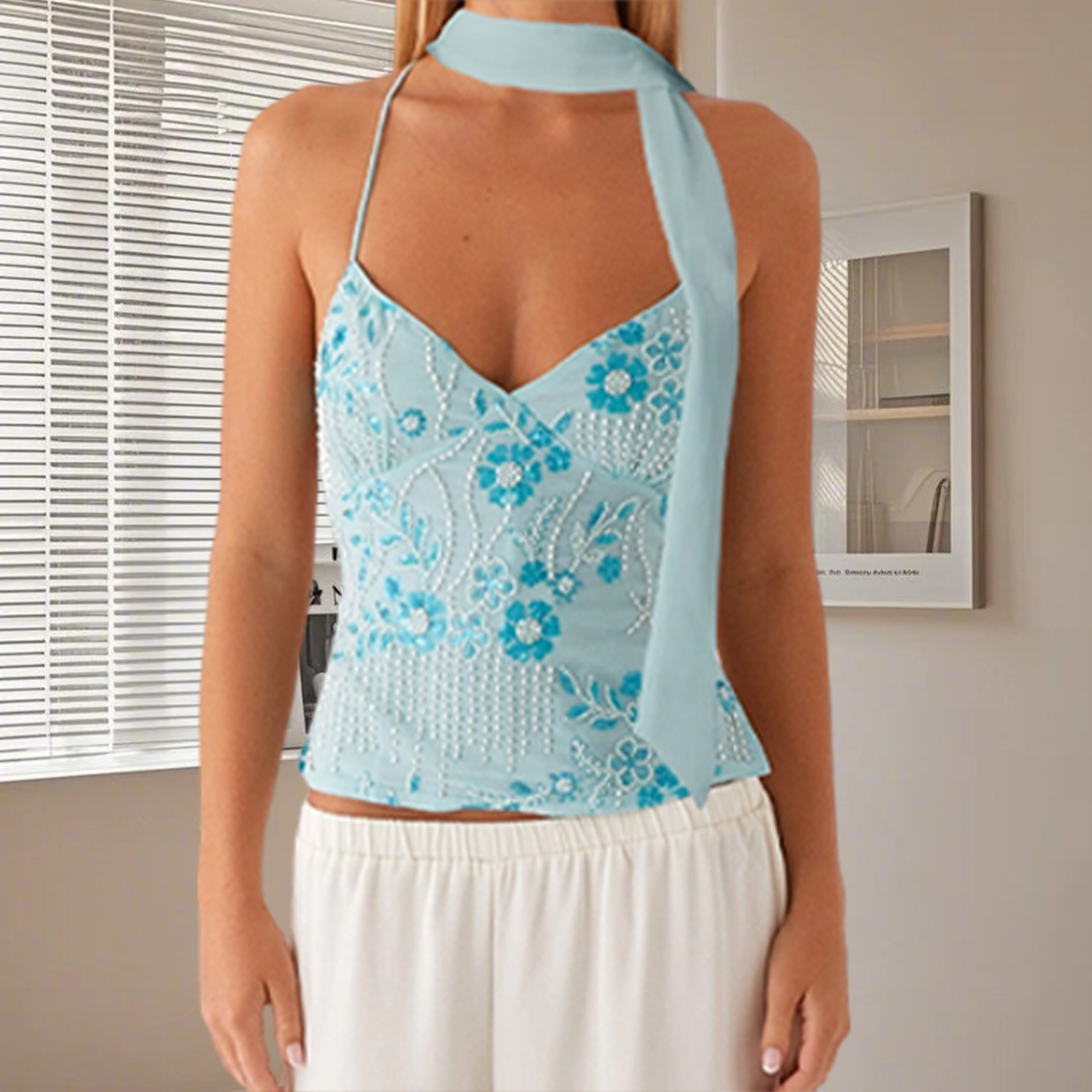 Paillettes perlées fleur broderie col en v décontracté Camis hauts femmes Camisoles mode d'été sans manches culture hauts avec tour de cou écharpe