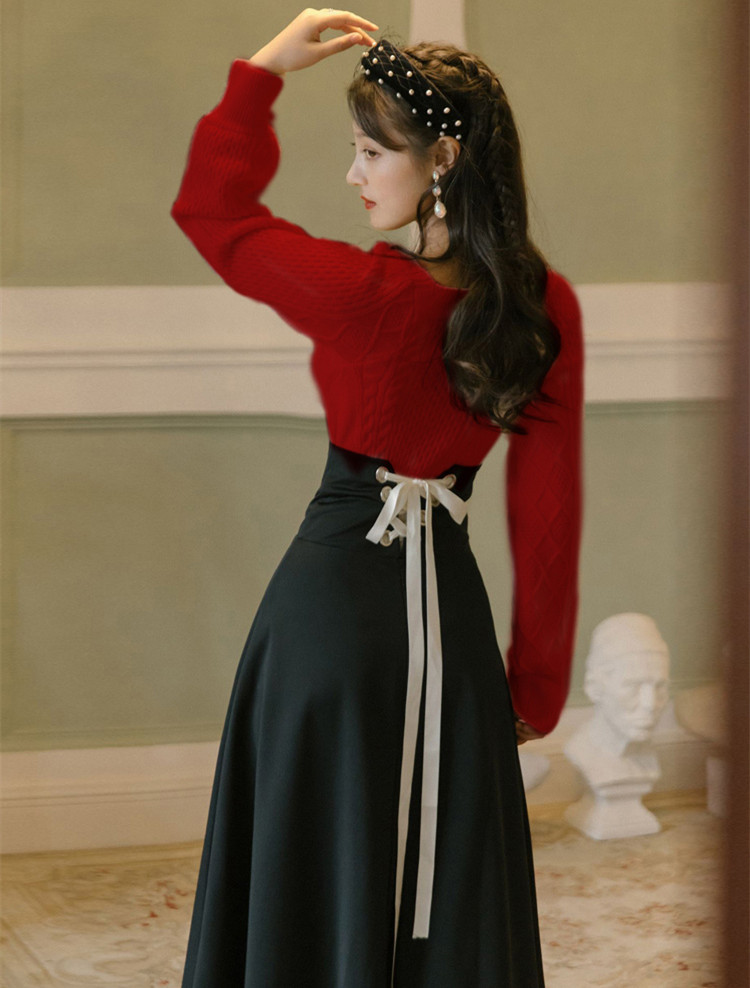Ensemble deux pièces vintage pour femme, pull blanc à manches longues, pull et jupe maxi bandage noir, tenues élégantes pour femme, hiver