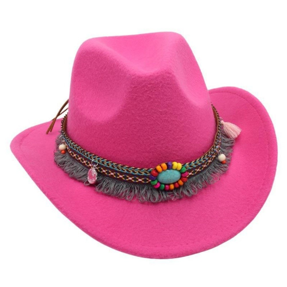 Chapeau de cowboy occidental style ethnique avec pompons, couleur unie, style tibétain, chapeau haut de forme pour femmes et hommes, large bord, corde colorée, chapeau Fedora Jazz