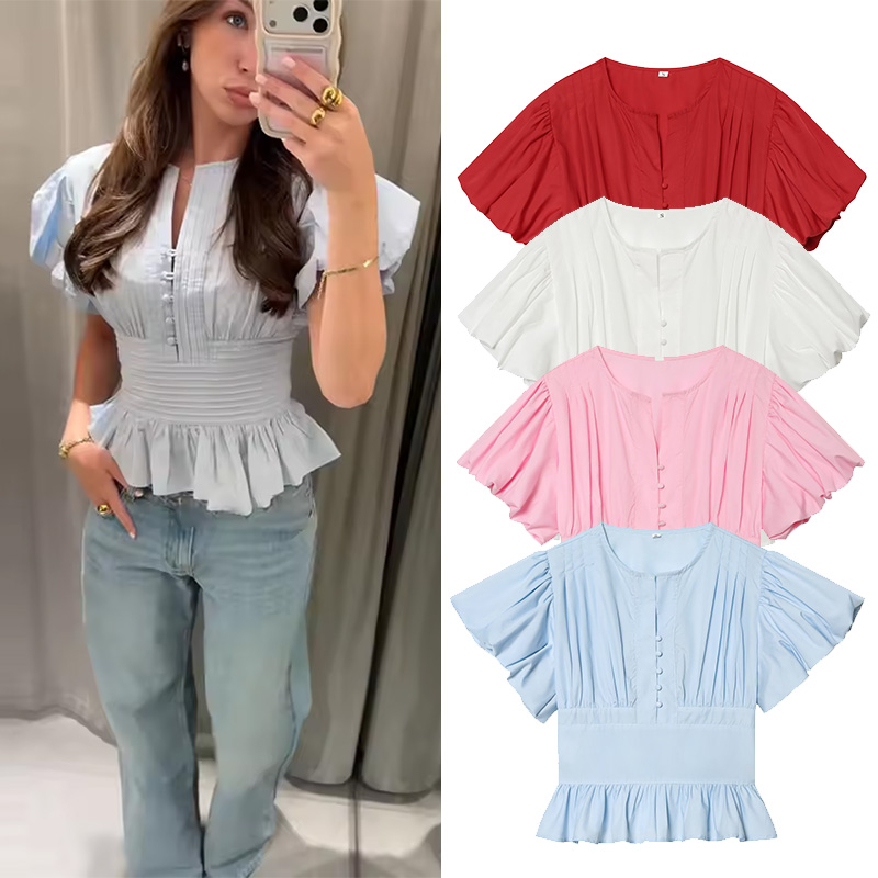 Chemisier à manches bouffantes pour femme, Nouvelle collection Printemps-Été 2026, Style vintage simple, Col rond boutonné, Chemises et chemisiers à plis pour femme, Hauts chics pour femme