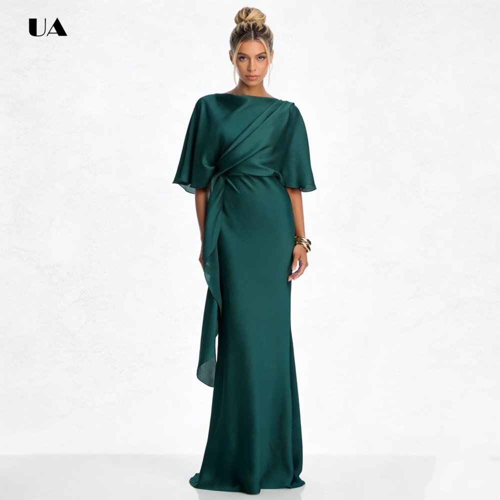 Robe de bal droite élégante avec col bateau, robe de soirée en Satin solide avec manches flottantes, robe de soirée drapée classique personnalisée
