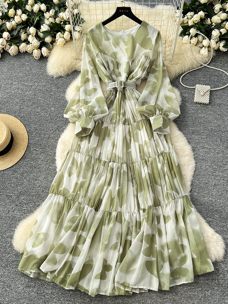 Robe longue imprimée à manches longues pour femmes, grande balançoire, mode française, Style plage, cintrée, col rond, Y01, printemps été