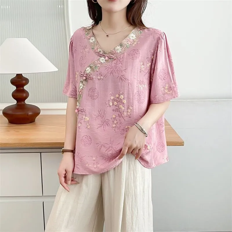 Chemisier en lin pour femme, style vintage, imprimé bambou, col cheongsam, tunique décontractée à manches 3/4