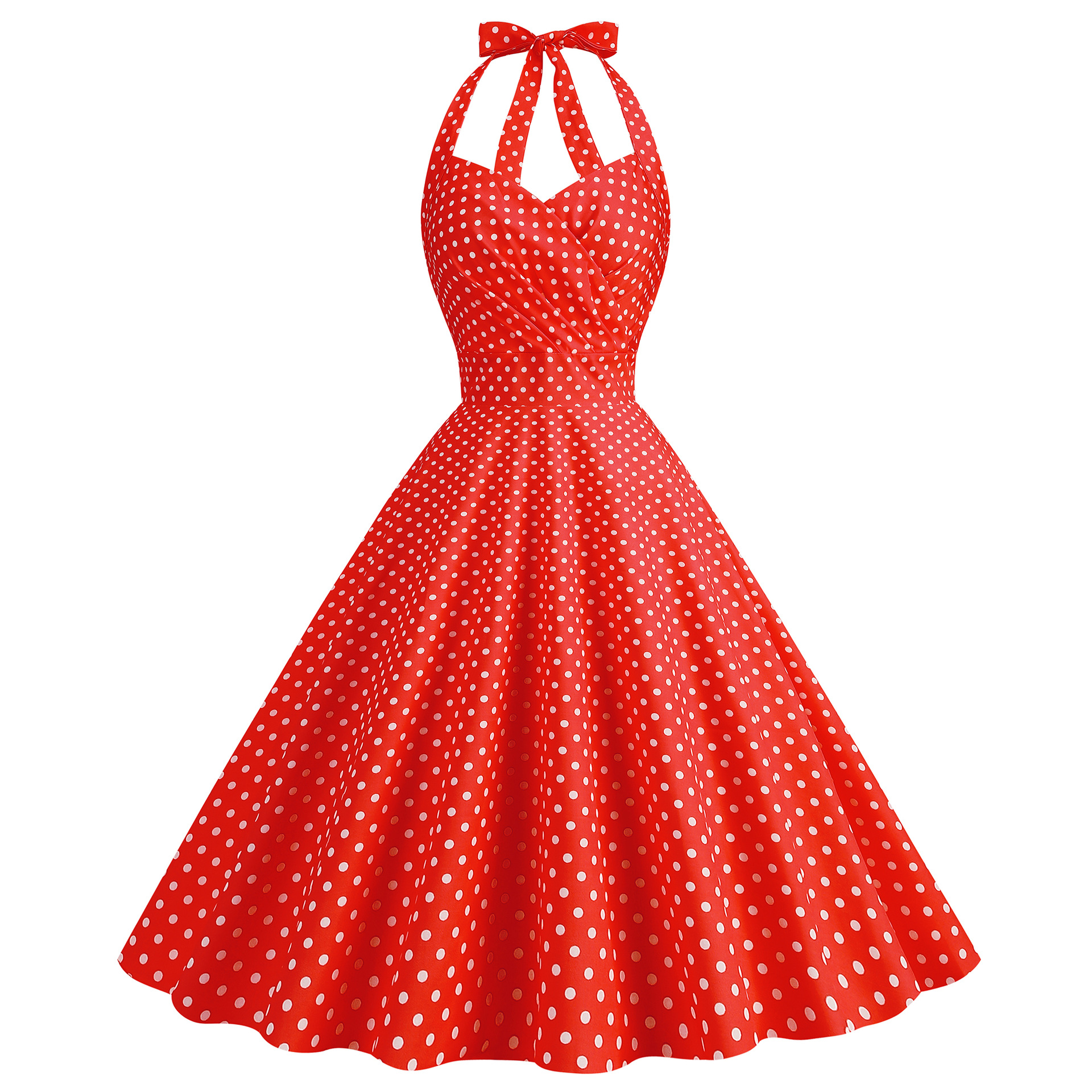 Robe Vintage Années 50-60 à Pois Imprimés, Dos Nu, Col Halter, pour Cérémonie et Soirée, Robe d'Été Femme, Corset au Dos, Style Rockabilly Swing