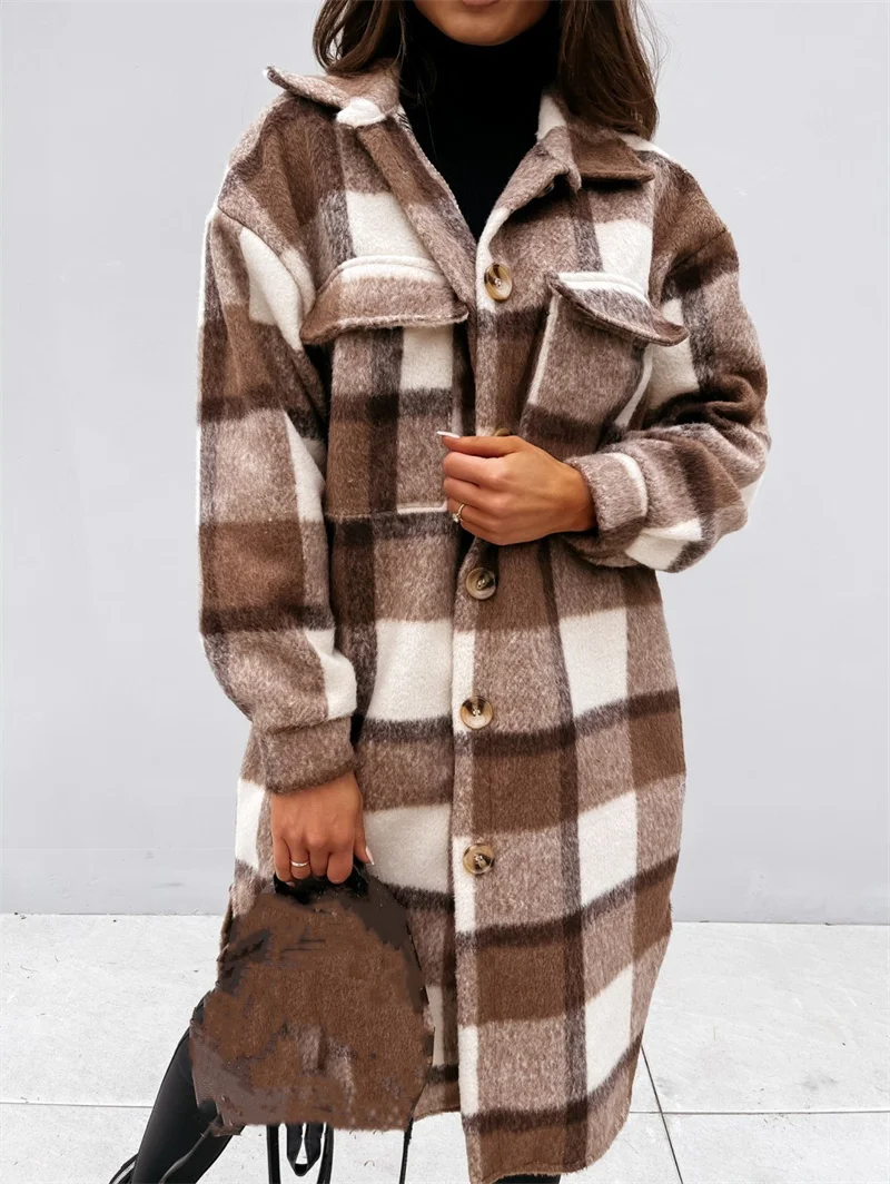Femmes vérifier Tweed chemise longue automne hiver épaissi chaud simple boutonnage Cardigan Blouse femme décontracté Double poches vêtements d'extérieur