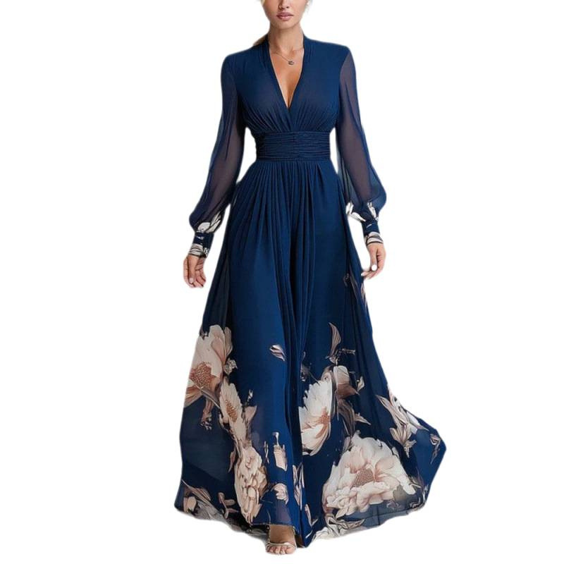 Robe longue décontractée en mousseline à manches lanternes pour femme, imprimé floral élégant, col en V sexy, taille haute, coupe évasée, collection Printemps-Été