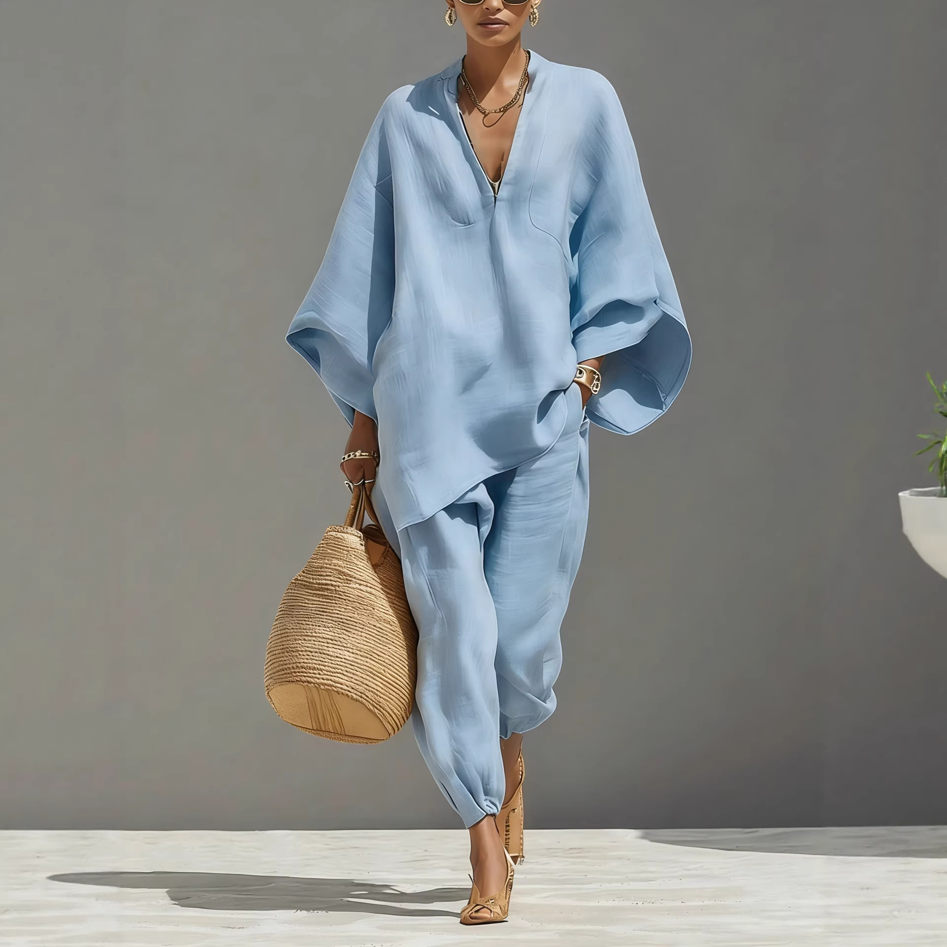 Ensemble décontracté deux pièces col en V pour femme – Tenue d'été 2026 tendance : hauts amples à manches longues et pantalons à jambes larges – Élégant
