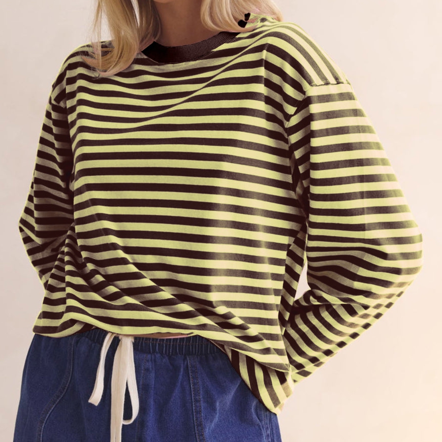 T-shirt décontracté à manches longues pour femmes, haut rayé rose et marron, hauts de sortie élégants, légers et confortables pour l'automne
