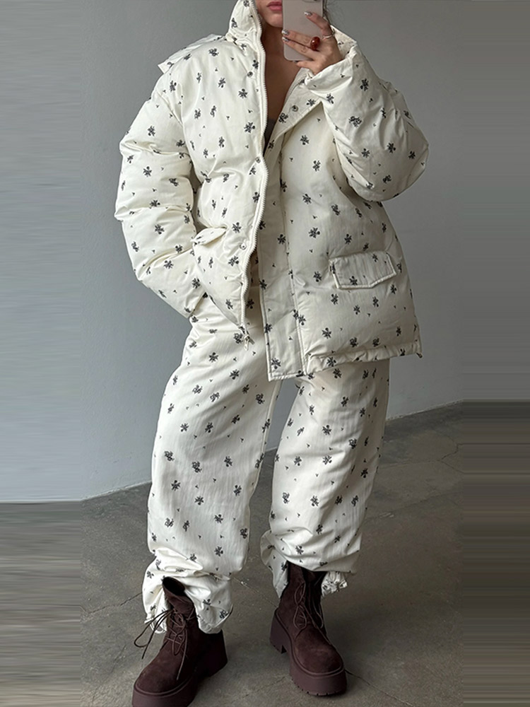 Costume 2 pièces pour femmes, veste rembourrée imprimée à capuche, ensemble pantalon, manteaux bombardier amples, taille élastique, pantalon, nouvelle tenue pour dame, nouvelle collection hiver