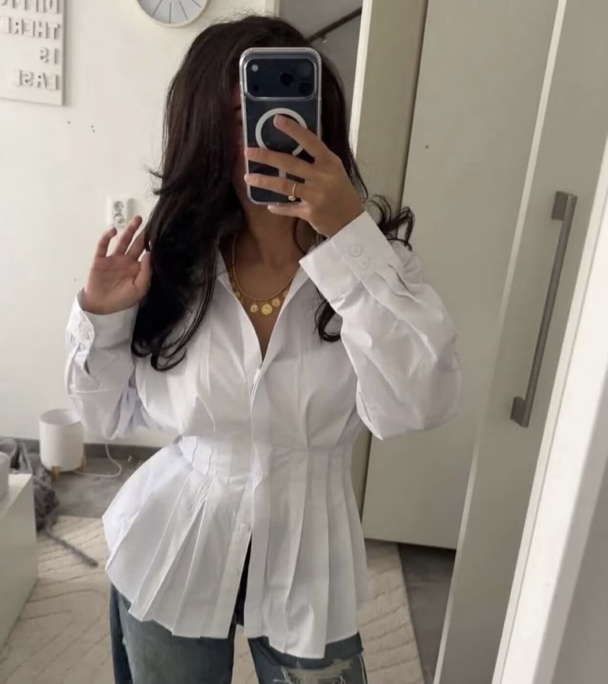 Chemisier élégant uni pour femme, printemps, plissé à la taille, simple boutonnage, manches longues, style décontracté urbain