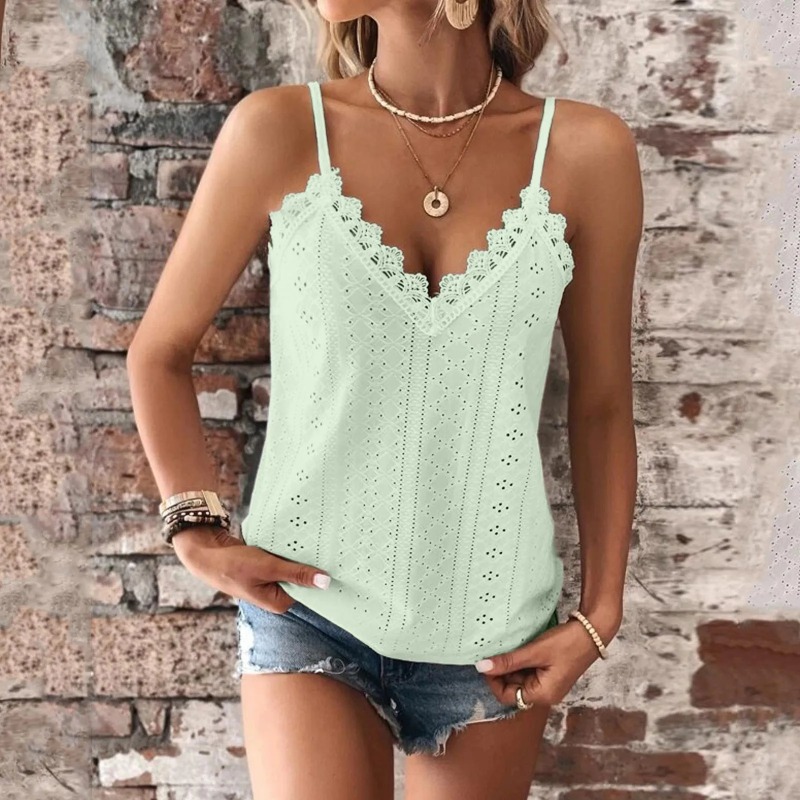 Débardeur en dentelle pour femmes, col en V, Camisole décontractée, mignon, haut d'été, coupe ample, crème, haut court, sangle fine, chemise, gilet, vêtements pour femmes