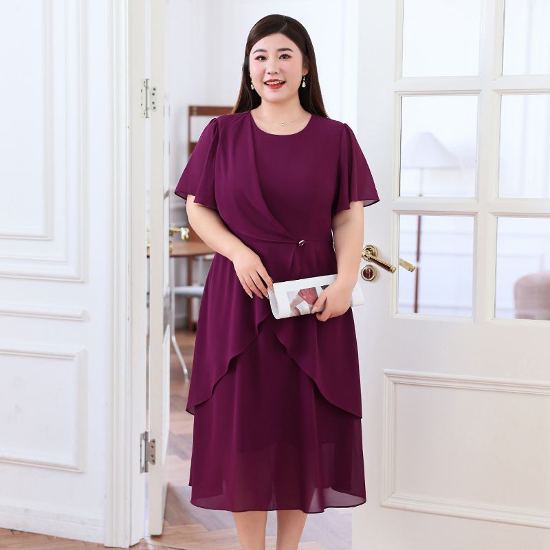 Robe midi à volants pour femmes grandes tailles, couleur unie, manches courtes, col rond, robe de soirée élégante
