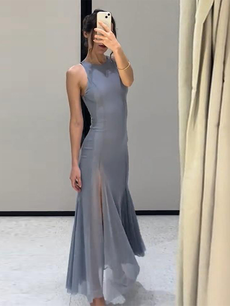 Robe ondulée en maille de soie, large, bleu clair, sans manches, col rond, coupe cintrée, Robes longues élégantes et Sexy, col licou