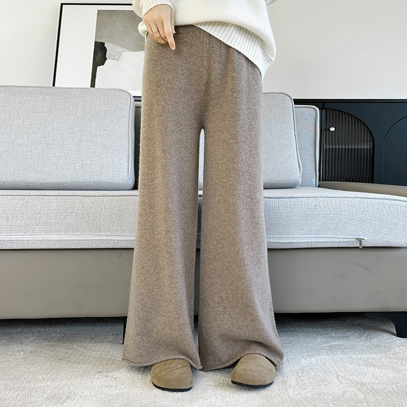 Pantalon décontracté en pure laine tricotée pour femme, nouvelle collection automne/hiver 2026, uni, taille haute, ample, chaud, à ourlet, jambe large, long