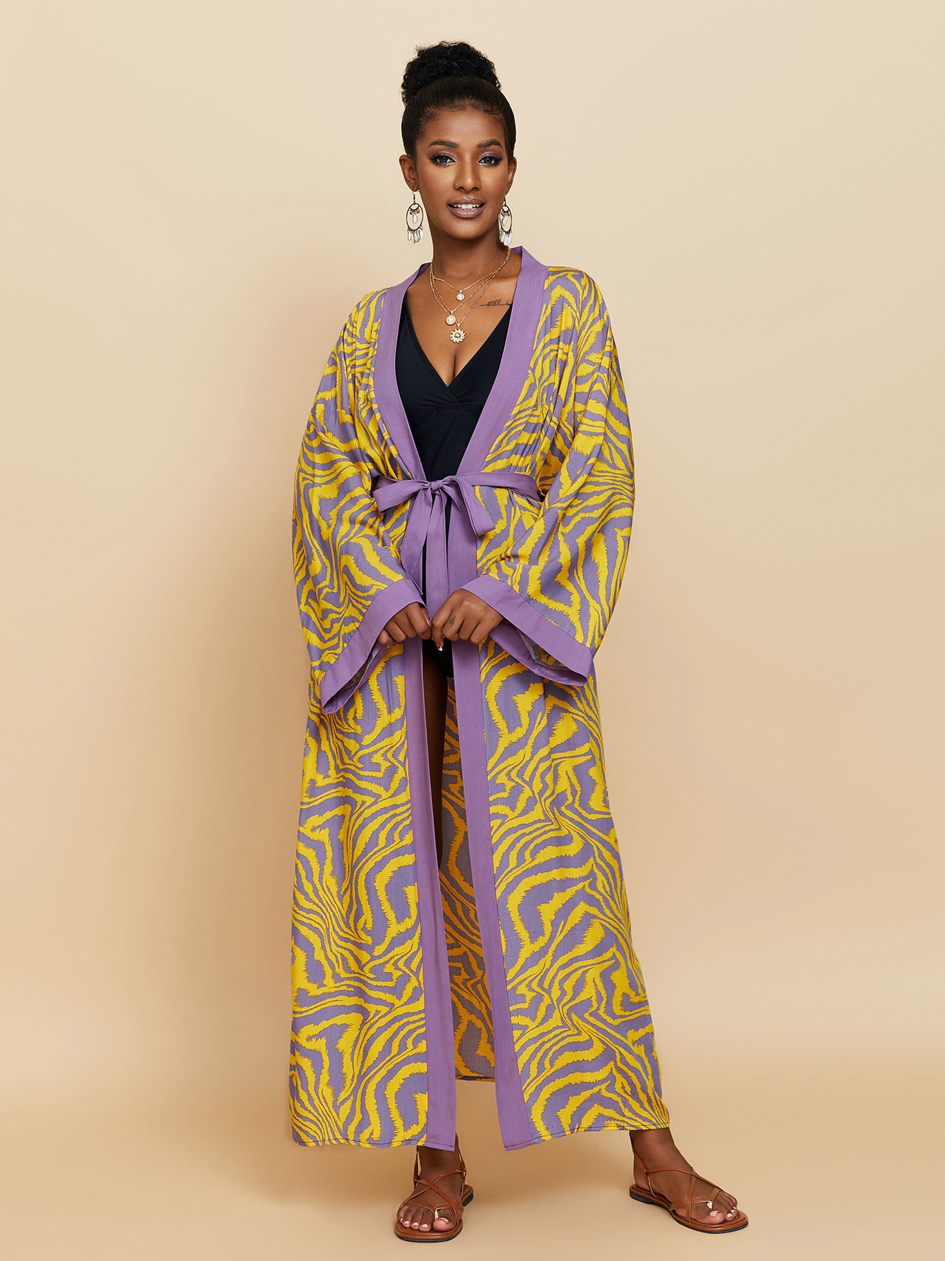 Femmes longue plage Kimono courbe ourlet ample ouvert devant cravate colorant maillot de bain couvrir