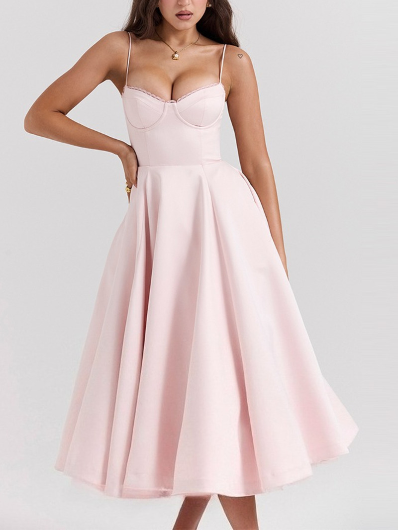 Été Flare robe mi-longue élégante 2025 nouveautés Spaghetti sangle Bustier robe femmes robes doux rose haut pour femme CHP1